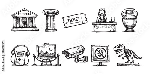 Hand-drawn vector illustration of museum related icons, including building, dinosaur skeleton, ticket, painting, column, and security. Can be used for infographics and guides.