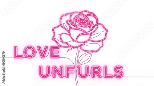 Line Drawn Rose Blooming with Text on White Background - Valentine's Day