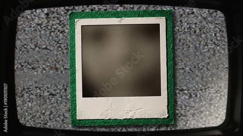 Green Screen the retro vintage frame of an old white instant photo over a bad tv vhs texture background with scanlines scene 2 distortion, overlay, glitch, static noise, scan lines on black