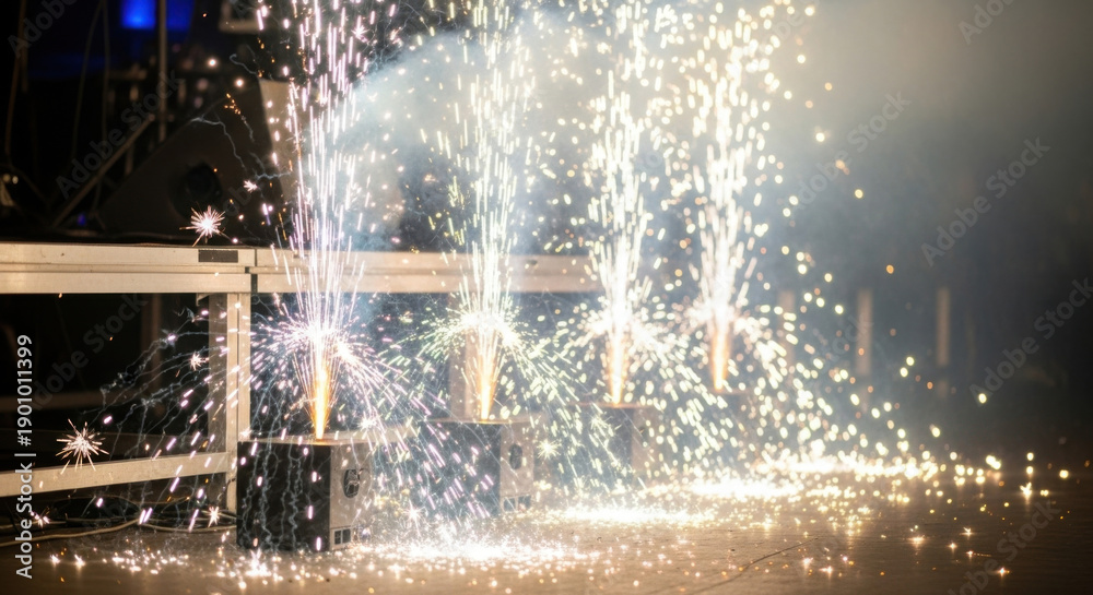 Fototapeta premium Fireworks Sparks on Stage with Metal Railing