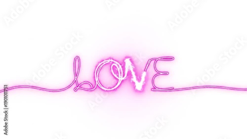 Neon Pink Light Line Drawing Word LOVE on White Background - Valentine's Day