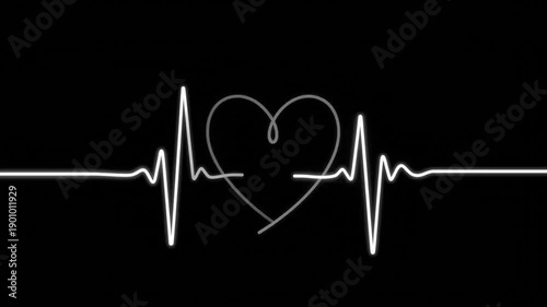 White Single Line Drawing Tracing Pulsing Heart on Black - Valentine's Day