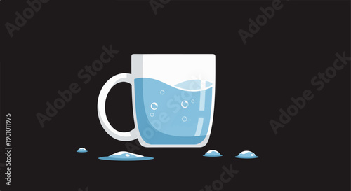 A transparent mug filled with blue liquid and bubbles sits on a black background