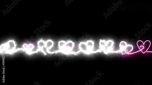 Pink Neon Heart Outline Drawing on Solid Black Background - Valentine's Day