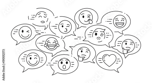 Collection of expressive speech bubbles with various emoji faces conveying different emotions and reactions