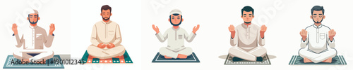 vector of islamic man sitting on prayer mat praying gesture in the month of ramadan front view