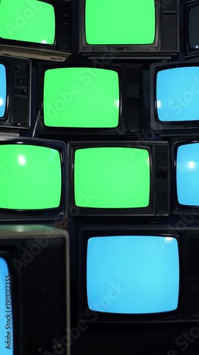 Green Screen stacked retro tvs turning on screens blue dark tone you can replace with the footage or picture want lkeyingr effect in ae check out tutorials internet scene 3 distortion, overlay