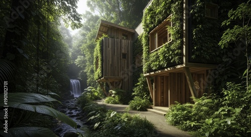 Eco-friendly wooden cabins with living walls in a vibrant, misty rainforest, nestled by a tranquil waterfall and stream.
