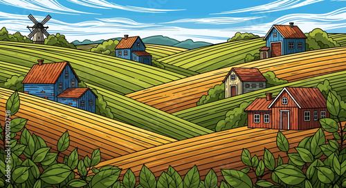 Charming Rural Landscape Illustration Featuring Quaint Houses and Rolling Fields Under a Bright Blue Sky