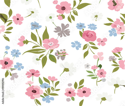Seamless pastel floral pattern vector with pink and blue flowers and green leaves for textile background design