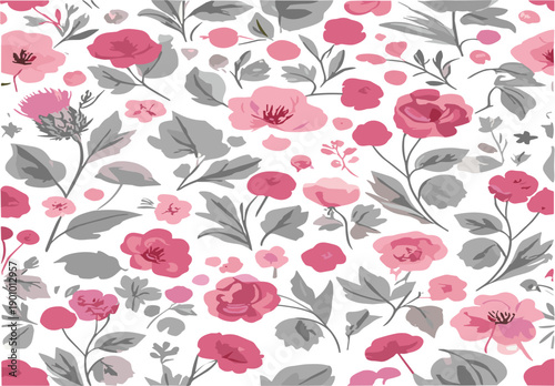 Seamless pink floral pattern vector with roses and leaves in modern flat style for textile background design