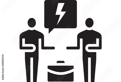 Argument icon with two people facing each other and lightning speech bubble, conflict negotiation concept, pictogram symbol for dispute, tension, workplace clash