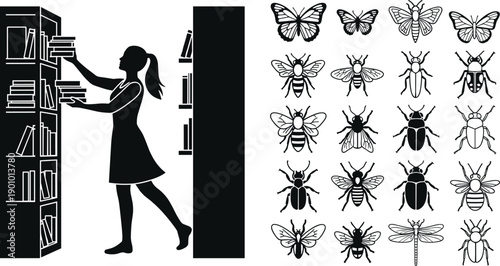 Bookshelf silhouette with person reading, insect icon grid featuring butterflies, bees, beetles, dragonflies, black and white vector illustration, education and biology theme, isolated background