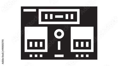 Speaker boombox icon with dual subwoofers and equalizer panel, minimalist black and white flat silhouette for audio, music system, DJ equipment and sound logo design