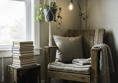 Cozy Rustic Reading Nook with Wooden Chair, Hanging Pothos Plant, Stacked Books, and Warm Lamp Light by a Bright Window
