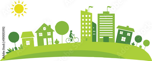 sustainability cityscape with green hill buildings trees bicycle