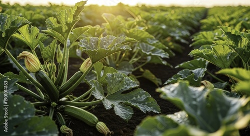 Lush Zucchini Crop with Developing Fruits and Flowers Bathed in Golden Sunset Light in a Farm Field