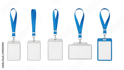 Set of 5 Blank ID Badge Lanyards 3D Cartoon Style Isolated Transparent BG Cutout PNG