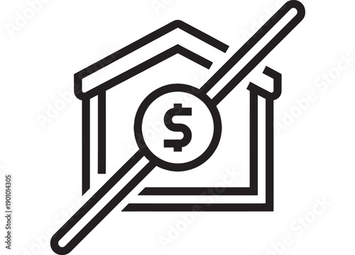 House price icon with dollar sign and diagonal line, minimalist black outline symbol for real estate market crash, mortgage debt, housing affordability and finance