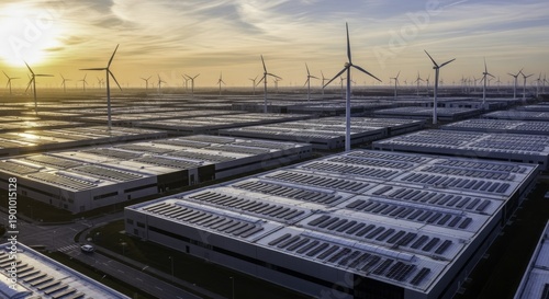 Aerial View of Renewable Energy Complex with Solar Panels on Warehouses and a Sprawling Wind Farm, Bathed in Golden Sunset Light