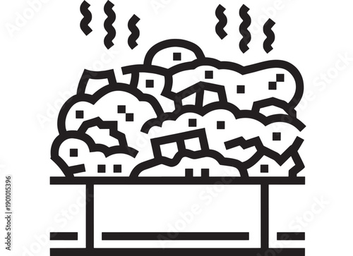 Trash can overflowing with garbage icon, bold black outline vector showing waste management problem, stink smell lines, isolated on white for signage and UI