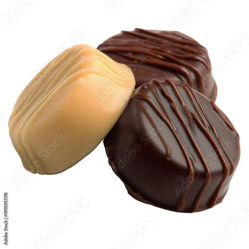 PNG Stack of three luxury chocolates truffles with dark milk and white chocolate coating and drizzle isolated on a transparent background.