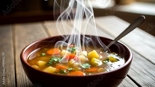 Steaming Hot Vegetable Soup in Bowl.