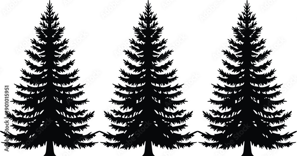 Obraz premium Silhouettes of three pine trees with mountain outlines in the background, ideal for nature design, landscape illustration, and outdoor-themed creative projects.