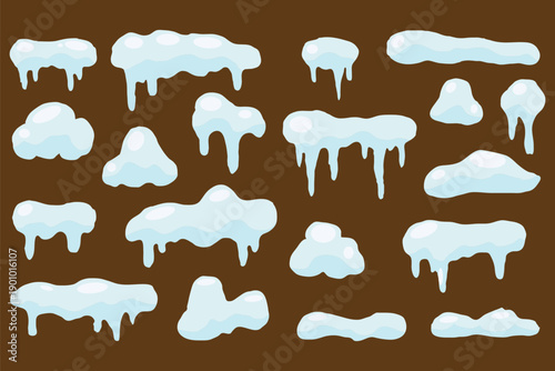 A set of snow caps, snowballs, and snowdrifts. Vector collection of snow caps. Snow elements on a winter background