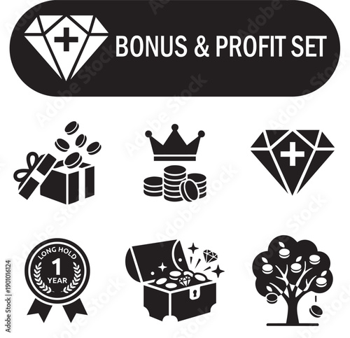 Minimalist Crypto Staking Rewards & Yield Vector Silhouette Icons - Bonus & Profit Set