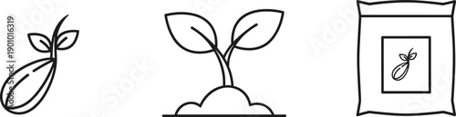 Seedling growth stages and seed packet icon set, representing germination and planting