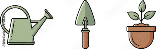 Gardening tools and plant icons: watering can, trowel, and potted seedling
