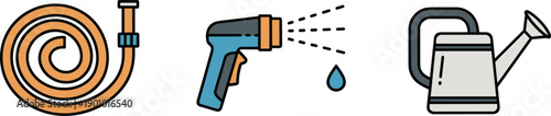 Gardening tools for watering plants: hose, spray gun, and watering can