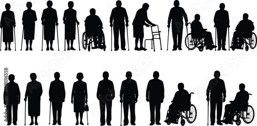 Silhouettes of elderly people with mobility aids including wheelchairs, canes, and walkers, illustrating aging diversity, accessibility, and healthcare themes for design and education.