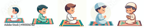 vector of islamic little boy sitting on prayer mat praying gesture in the month of ramadan side view