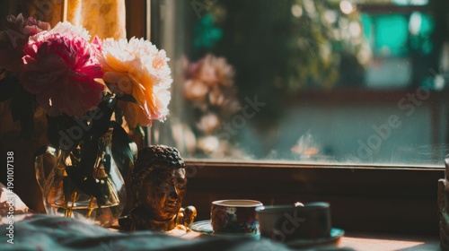 Serene Buddha and Blossoms - Tranquility and Reflection