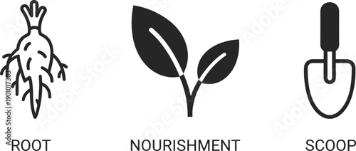 Root, nourishment, and scoop icons representing gardening and growth concepts