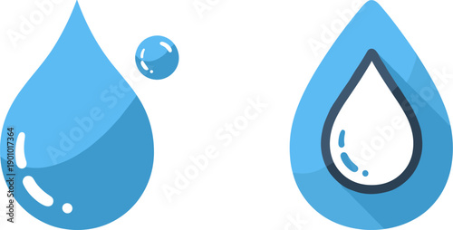 Two stylized blue water drops with subtle shading and highlights on a white background