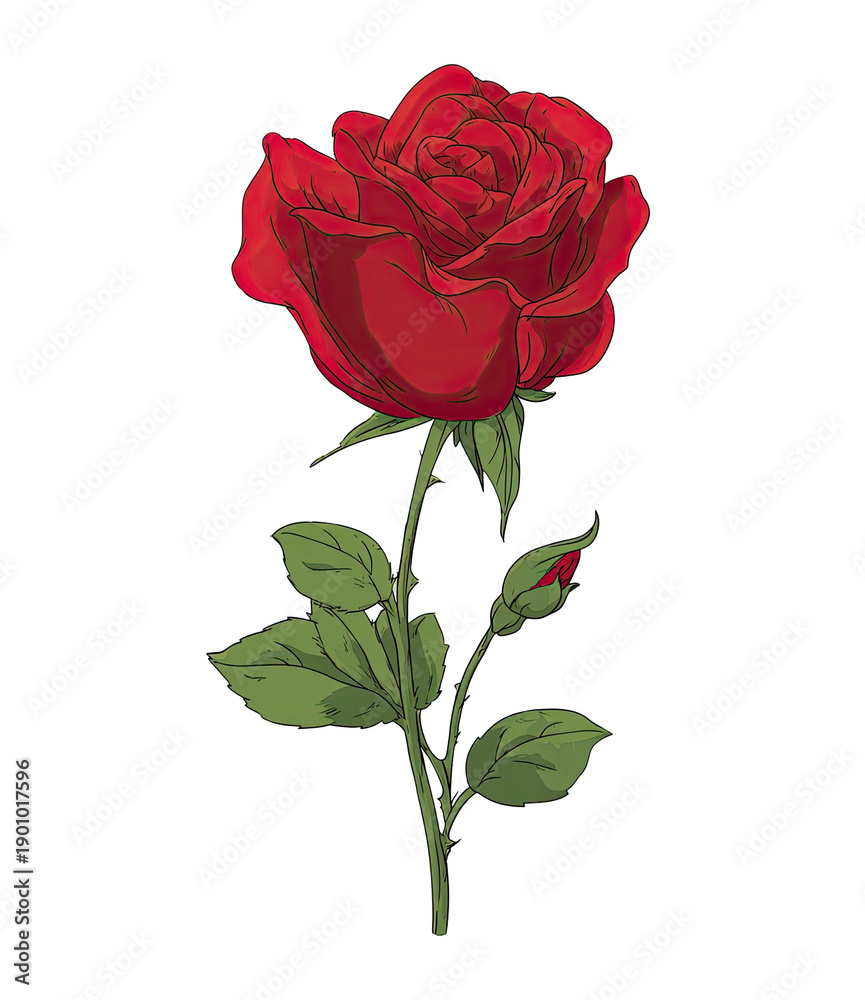 Fototapeta premium A vibrant red rose with stem, leaves, and a bud, against a stark black background