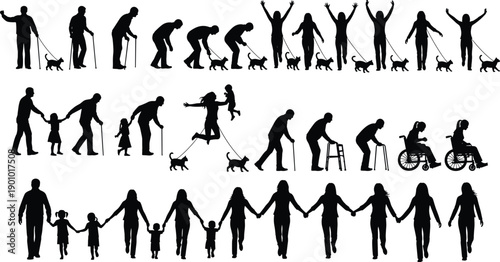 Silhouette illustration showing stages of human life, aging with pets, family bonds, mobility diversity, and generational unity across childhood, adulthood, and senior years.