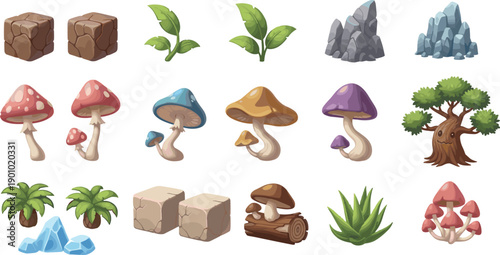 Fantasy Nature Asset Vector Set with Mushrooms, Plants, Rocks, Crystals, Trees, and Terrain Elements for Game and Cartoon Illustration Design