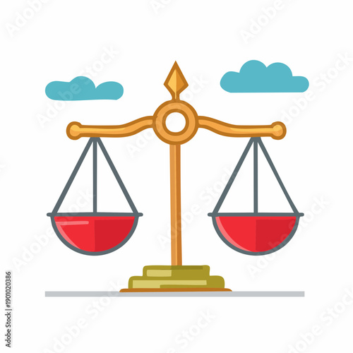 Vector illustration of a justice scale with red liquid balance concept with clouds