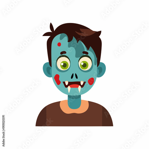 Cartoon Zombie Boy with Green Eyes and Bloody Patches Halloween Character Illustration