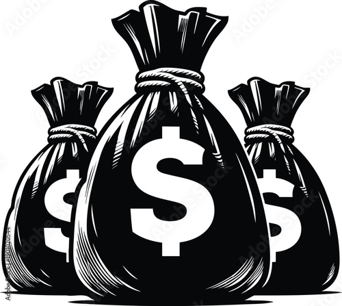 Three black money bags with dollar signs representing wealth and financial success isolated isolated on white background for graphic design