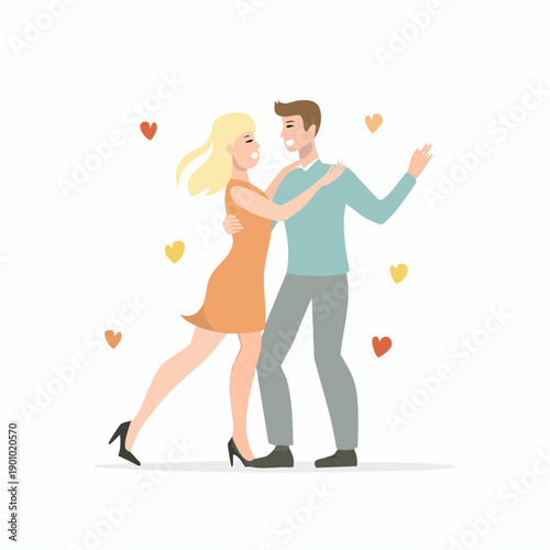 Happy Couple Dancing with Hearts Young Lovers Embracing Each Other Romantically Valentine's Celebration Relationship Bliss Cartoon Style Illustration
