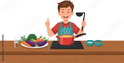 Cute boy chef cooking soup with fresh vegetables on kitchen table