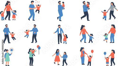 Happy Family Character Vector Set with Parents and Children Playing, Walking, Hugging, and Spending Time Together in Flat Cartoon Illustration Style