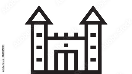 Castle icon with twin towers and central gate, bold black outline pictogram isolated on white background, medieval fortress symbol for UI, apps, maps, and logos