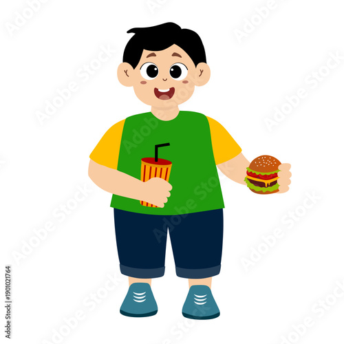 Cute fat boy eating junk food. obesity, overweight vector illustration