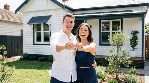 New homeowners holding keys in front of a modern house. Happy young Caucasian couple on the doorstep of their first home. Real estate, home purchase, mortgage, housewarming, family joy. 